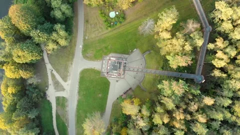 Aerial top-down view of Laju takas, tree-canopy trail. Anyksciai, Lithuania. Stockbeeldmateriaal 290821051