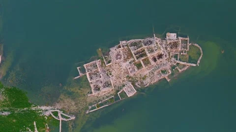 Aerial Top Down View of Lake Santa Rosalia with Ruins in Sicily Stock Footage 310098048