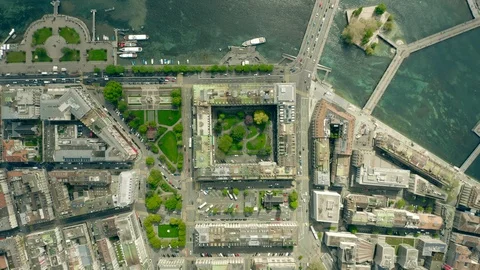 Aerial top down view of lakefront area of Geneva, Switzerland Stock Footage 107228953