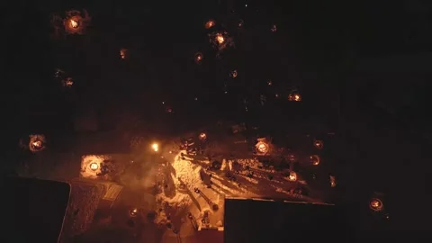 Aerial top down view Lamproba festival, villagers gathered by symbolic bonf.. Vídeo Stock 311998193