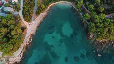 Aerial top down view of lanterna beach on hvar island, croatia 스톡 동영상 339777773