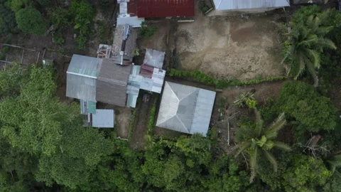 Aerial top down view of a large lodge next to a tropical river Stock Footage 146351910