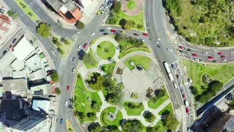 Aerial top down view of a large and busy roundabout in Quito, Ecuador Stock Footage 146352958