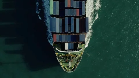 Aerial top down view of a large container ship cruising the ocean Stock-Footage 332869873