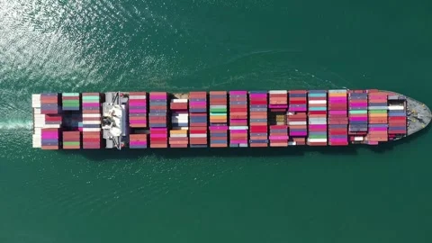 Aerial top down view large container cargo ship traveling with slow speed over 스톡 동영상 336445639