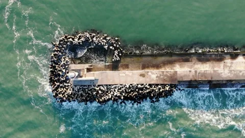 Aerial Top Down View Of Lighthouse at the Sea Port of Varna, Bulgaria Stock Footage 168345229