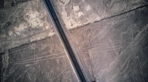 Aerial top-down view on "the Lizard" one of the Nazca lines. Stock Photos