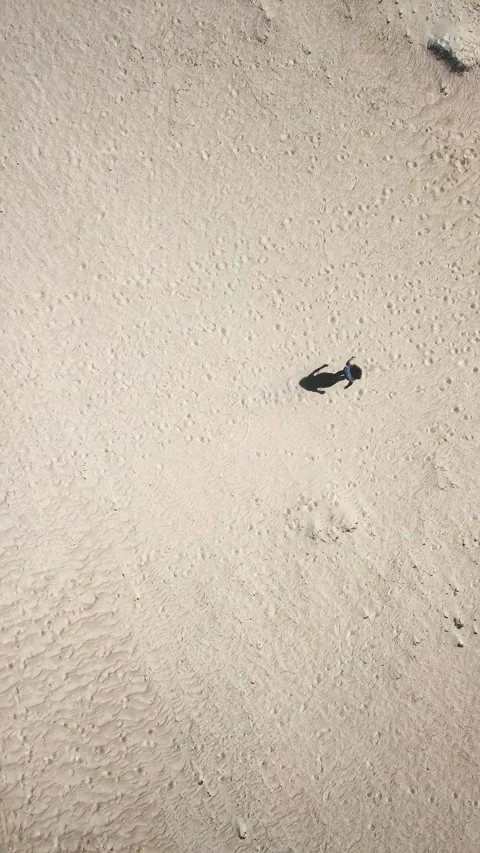Aerial top-down view of a lone surfer carrying a surfboard while walking along Stock Footage 344820351