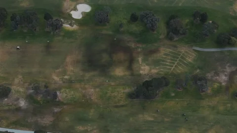 Aerial top-down view of a lush green golf course with players Video stock 342572603