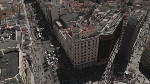 Aerial top down view of Madrid Gran Via buildings architecture and cars driving Stock Footage 254805636