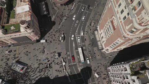 Aerial top down view of Madrid Gran Via buildings architecture and cars driving Video stock 254805799