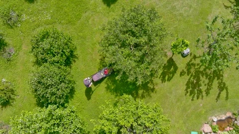 Aerial top-down view of a man mowing grass with petrol lawn mower in a backyard. 스톡 동영상 279162271