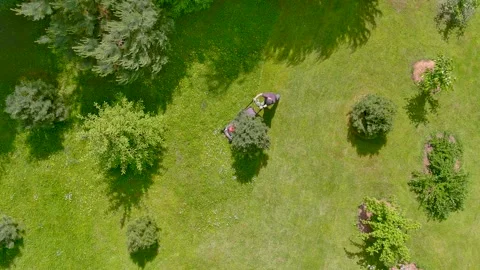 Aerial top-down view of a man mowing grass with petrol lawn mower in a backyard. Video stock 279483132