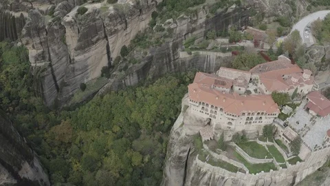 Aerial top down view of Meteora orthodox monasteries on cliffs, Kalabaka, Greece Stock Footage 124128097