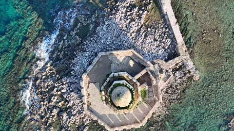 Aerial Top-Down View of of Methoni Castle and fortified tower at sunrise in Gree Video stock 303187359