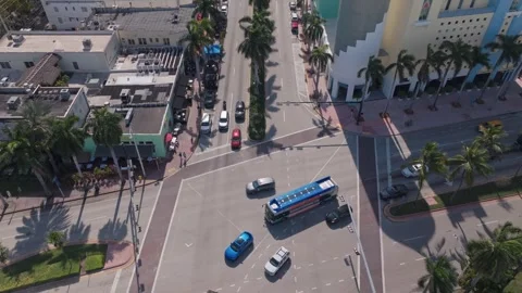 Aerial top down view of Miami city streets architecture buildings rooftops Stock Footage 276106128