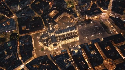 Aerial Top Down View Of Milan Cathedral Piazza Del Duomo Di Milano At Night Stock Footage 260227310