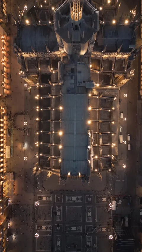 Aerial Top Down View  Milan Cathedral Illuminated Piazza Del Duomo Di Milano Stock Footage 260227784