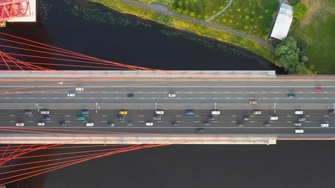 Aerial top down view of the modern bridge in Moscow at sunset Stock Footage 109306520