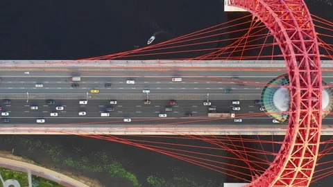 Aerial top down view of the modern bridge in Moscow at sunset Stock Footage 109306556