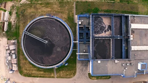 Aerial top down view of modern water tretment plant Stock Footage 112631647