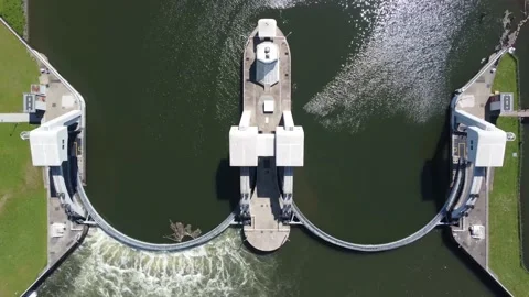 Aerial top down view of modern water channel controller 4k Stock Footage 168945718