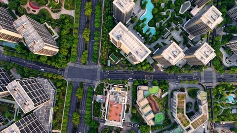 Aerial top down view of modern residential area featuring greenery, water Stock-Footage 308837308