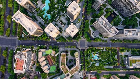 Aerial top down view of modern residential area featuring greenery, water Stock Footage 311012716