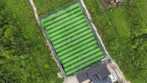 Aerial Top-Down View of Modern Mini Soccer Field Surrounded by Tropical Greenery Stock Footage 329838897