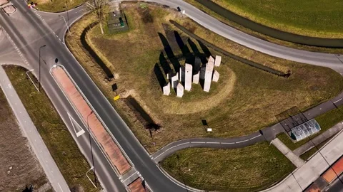Aerial top-down view of modern road infrastructure Stockbeeldmateriaal 331189127
