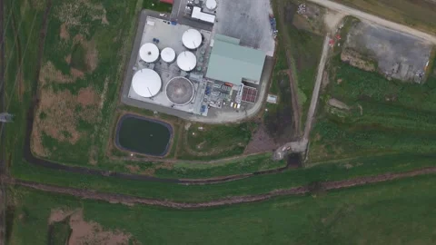 Aerial top-down view of a modern water treatment plant Видео 343642849