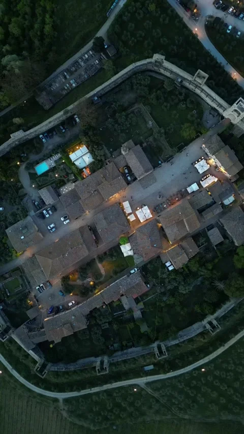 Aerial Top Down View of Monteriggioni Walled Town in Tuscany, Italy Stock Footage 335824293