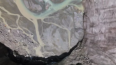 Aerial Top Down View Of Morteratsch Glacier Melting And River Formation Stock Footage 339100350