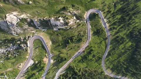 Aerial top down view on the mountains road in the forest of dolomites national Stock Footage 237246948