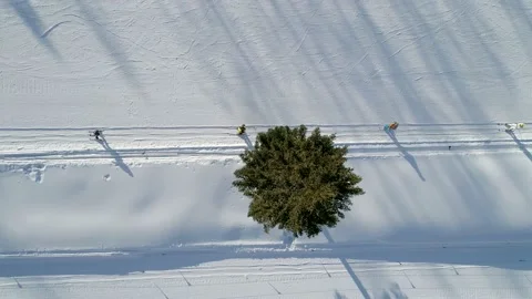 Aerial top down view of the moving ski-lift on the slope. Skiers going up the Stock Footage 163137274
