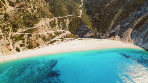 Aerial top down view of Myrtos Beach with turquoise sea waters in Kefalonia Stock Footage 345687923