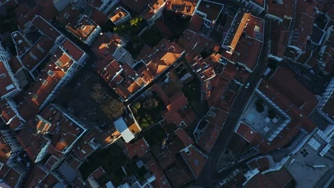 Aerial top down view of narrow streets of Alfama, Lisbon, Portugal Stock Footage 104412958