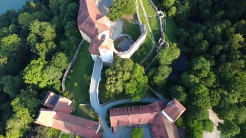 Aerial top down view of Neuburg Castle complex and its baroque garden Vidéo 340015361