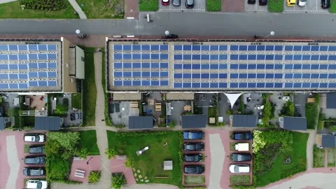 Aerial top down view of new built apartment complex with solar panels installed Stock Footage 144434182