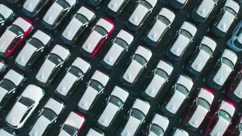 Aerial top down view of new cars parked in car parking lot. Car dealer parking Video stock 146524233