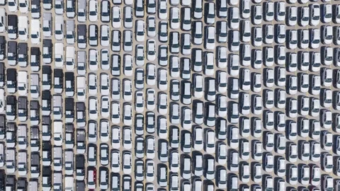 Aerial top down view of new cars in a parking lot Stock-Footage 337575582