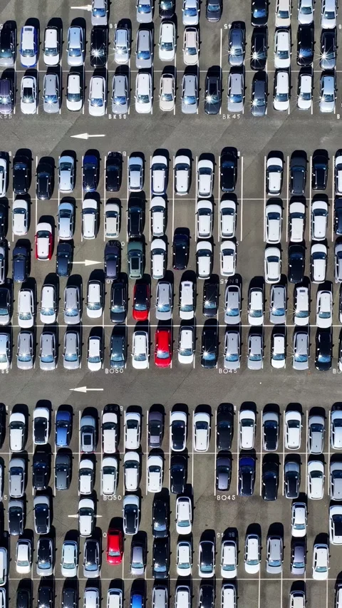 Aerial top down view of new cars parked in rows at the Port of Bordeaux Stock Footage 341544153