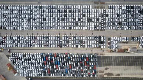 Aerial top down view of new cars parked at Haydarpasa port in Istanbul, Turkey Stock Photos