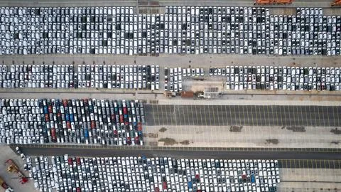Aerial top down view of new cars parked at Haydarpasa port in Istanbul, Turkey Stock Photos