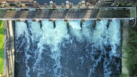 Aerial Top-Down View of Newman's Weir and Victorian Machinery, Enfield Stock Footage 323191467
