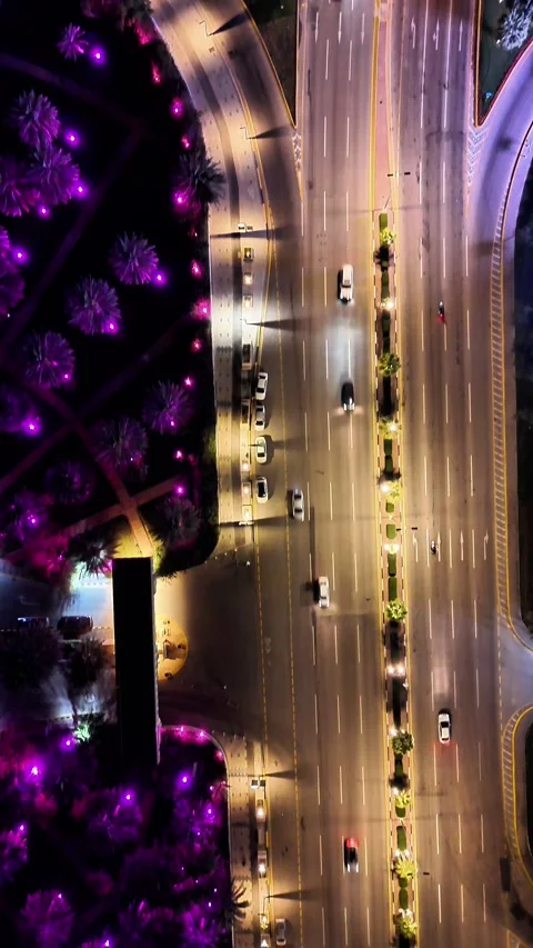 Aerial top-down view of night traffic with illuminated palm trees and urban road Stock Footage 330963285