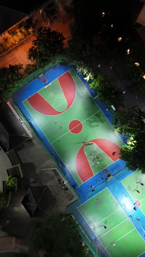 Aerial Top Down View of Night Basketball Game in Bangkok, Thailand Video stock 335584886