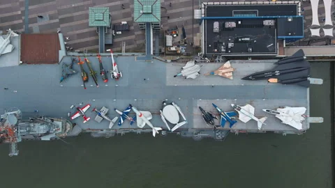 Aerial Top Down View NYC Intrepid Museum 6K Color @24FPS Stock Footage 253839189