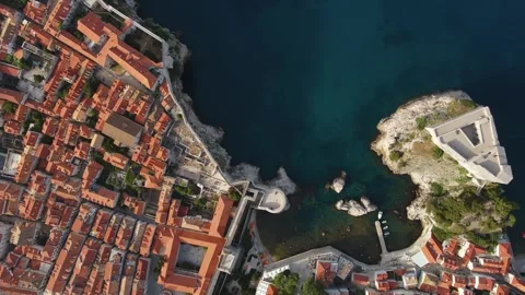 Aerial top down view of old town of Dubrovnik with Lovrijenac fortress, Dalmatia Stock Footage 260828945