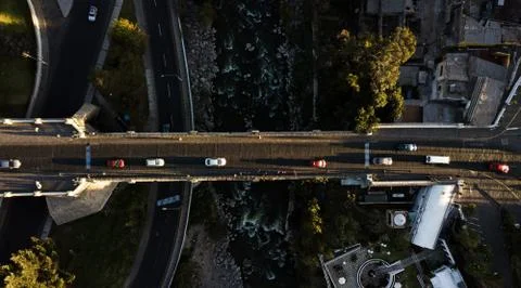 Aerial top down view on the old bridge in white city of Arequipa Stock Photos